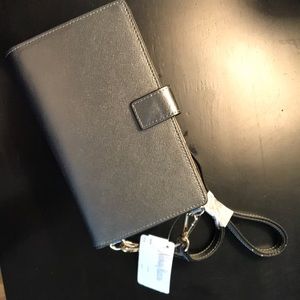 Neiman Marcus Leather cross-body wallet with Cel phone pocket & strap. #metallic
